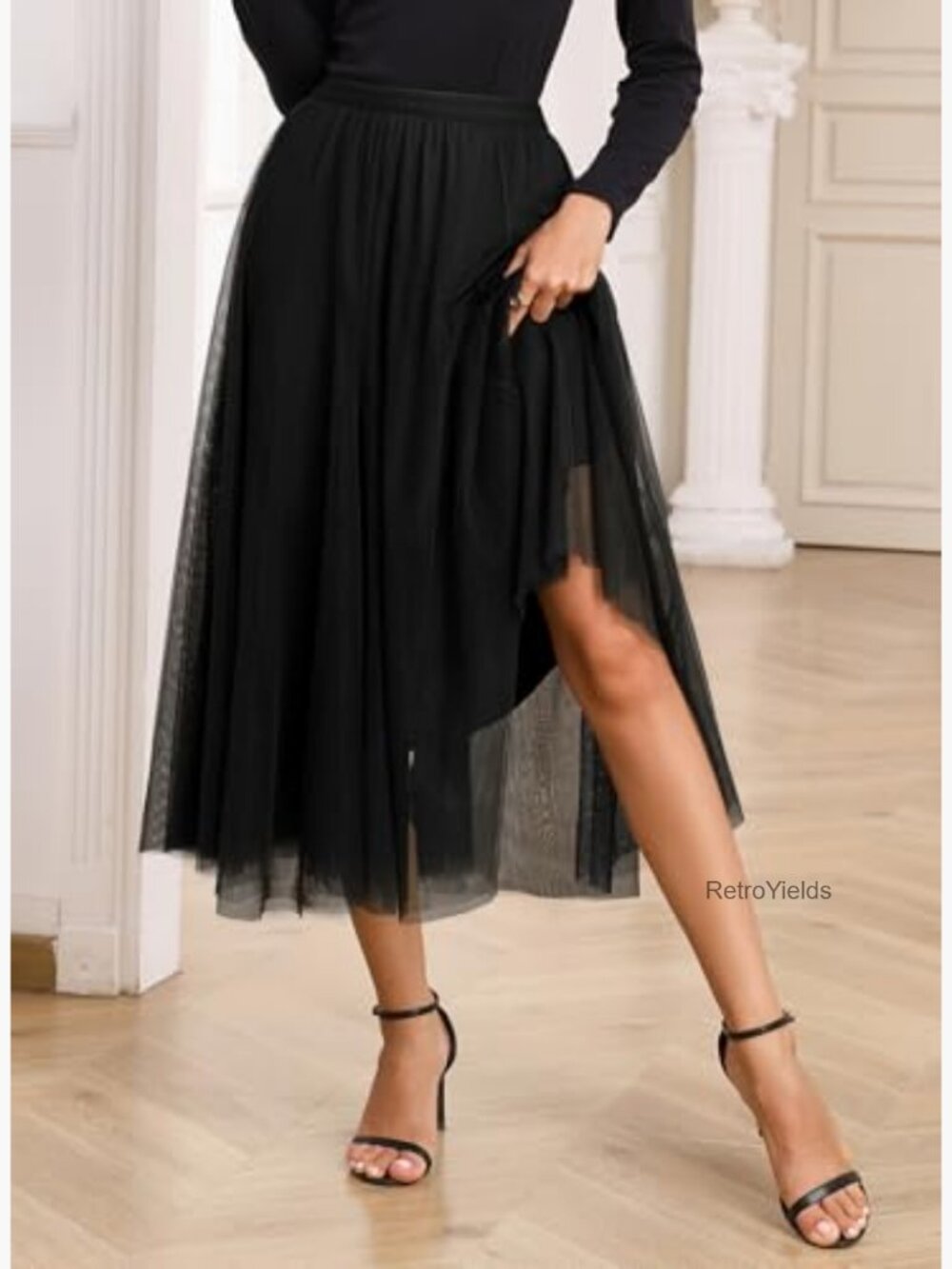 High Waisted A-Line Tulle Midi Skirt Flowy Layered Long Skirt - Picture 4 of 7